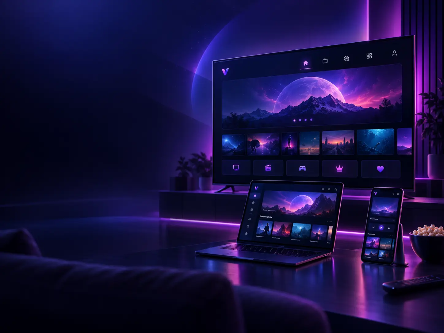 VanoTV affiché sur un téléviseur, un ordinateur portable et un smartphone dans une ambiance violette